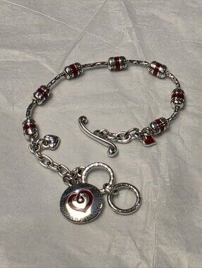 Brighton Round Heart Red Silver Pl Heart Charm Bracelet
